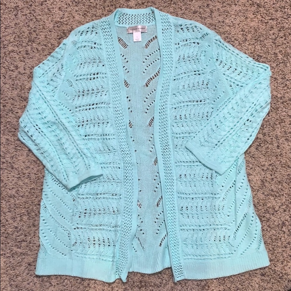 L aqua blue crochet sweater
